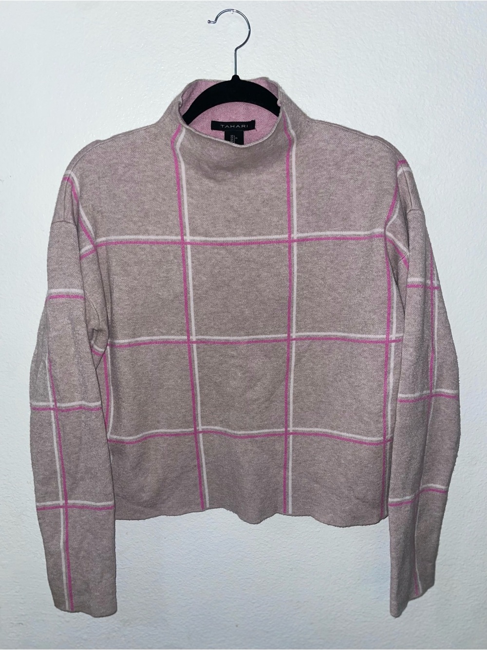 Tahari Blush Pink Windowpane Mock Neck Sweater